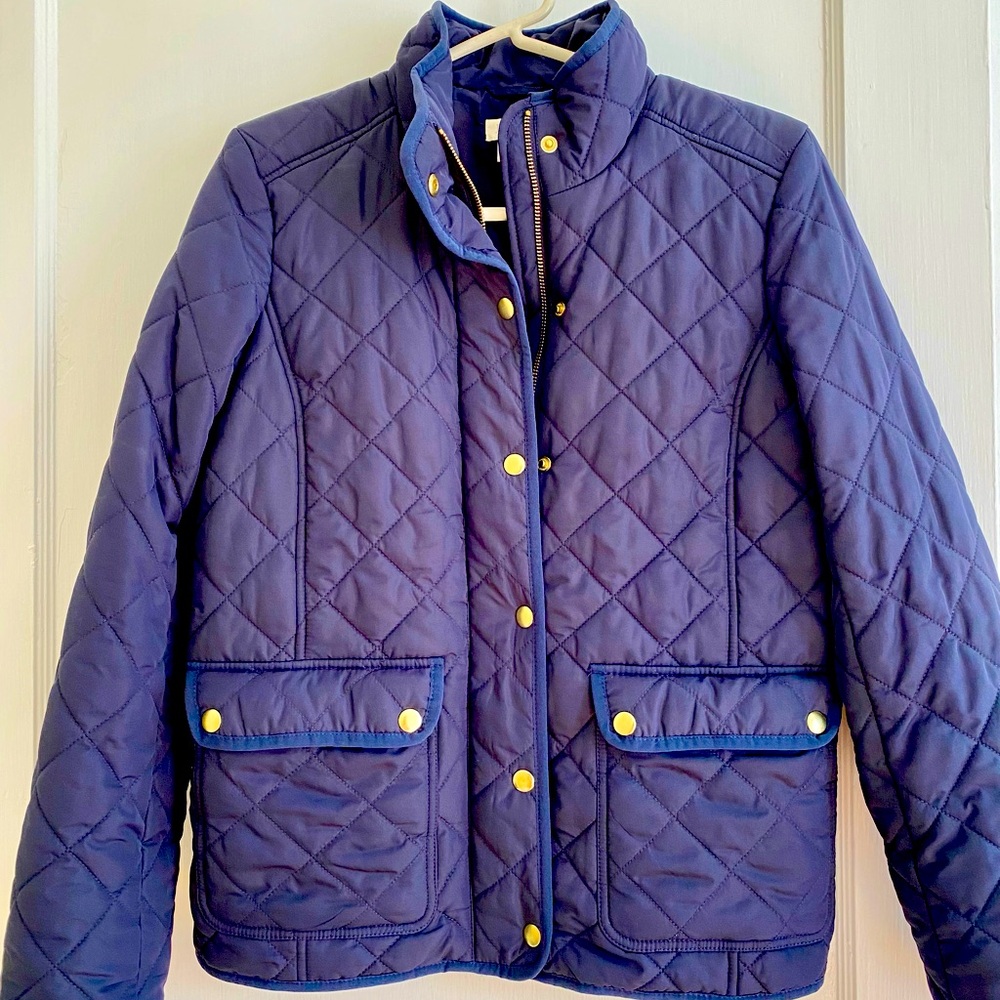 J Crew Navy blue lightweight quilted puffer jacket pockets zipper button Small